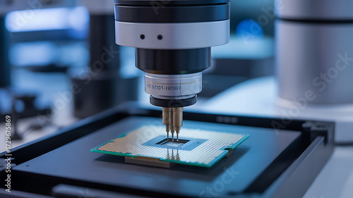 Microscopic examination of a semiconductor chip using precision equipment in a laboratory setting