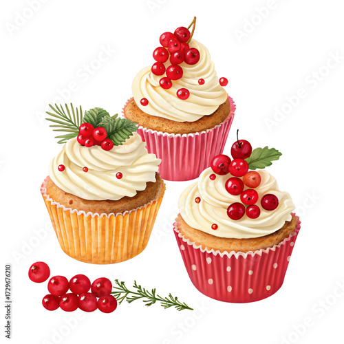 Wallpaper Mural Festive Cupcakes: Three delightful cupcakes, adorned with fluffy frosting and vibrant berries, evoke feelings of celebration and delight, showcasing culinary artistry. Torontodigital.ca