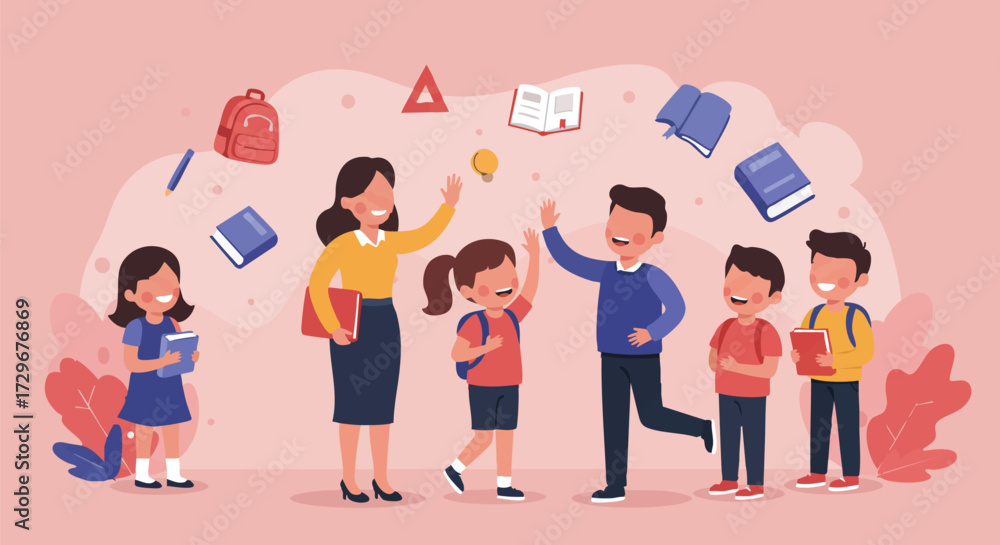 Fototapeta premium Welcoming Teacher and Students Back-to-School Concept Illustration