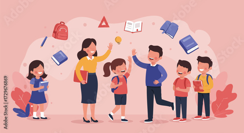 Welcoming Teacher and Students Back-to-School Concept Illustration