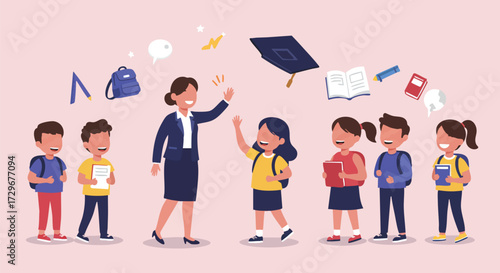 Cheerful teacher giving a high five to a happy student with classmates in a vibrant school scene with educational icons