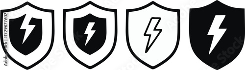 Electric power shield icons set with lightning bolt symbols representing energy safety, electricity protection, voltage and security