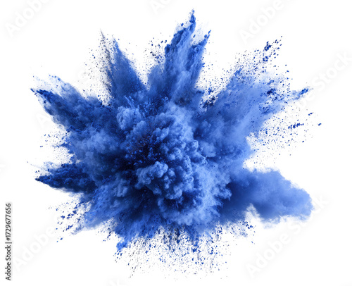Exploding vibrant blue powder, radiating outward on transparent background