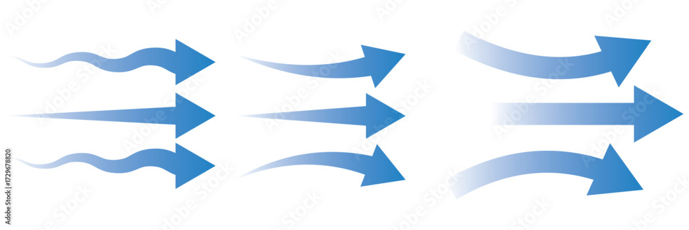 Fototapeta premium Vector Set of Blue Air Flow and Wind Direction Arrows for Ventilation and Motion Design
