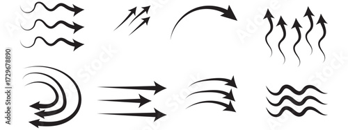 Air flow arrows set. Set of blue arrow showing wind air flow. Vector set of air flow arrows. Blue air flow arrows showing wind circulation and ventilation. Set of blue arrows showing cold air