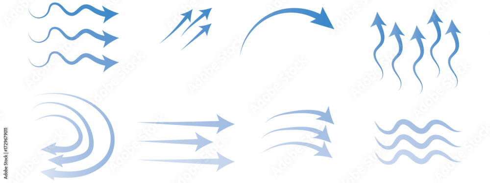 Fototapeta premium Air flow arrows set. Set of blue arrow showing wind air flow. Vector set of air flow arrows. Blue air flow arrows showing wind circulation and ventilation. Set of blue arrows showing cold air