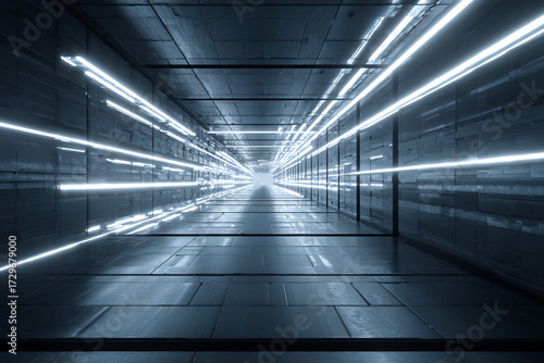 Long futuristic tunnel with glowing horizontal blue light strips, leading into a bright destination, depicting digital speed and technology through abstract metallic architecture.