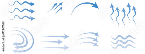 Air flow arrows set. Set of blue arrow showing wind air flow. Vector set of air flow arrows. Blue air flow arrows showing wind circulation and ventilation. Set of blue arrows showing cold air