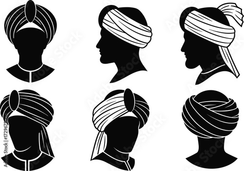 Traditional turban headwear silhouette vector illustration, cultural fashion design, oriental heritage style, ethnic clothing accessory, historic costume, male portrait art