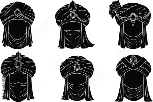 Traditional royal turban headdress vector illustration, cultural ethnic fashion accessory, ornate historic headwear, decorative clothing design, oriental costume silhouette art
