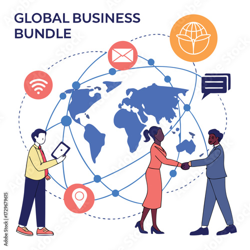 Global business connection with diverse people and communication icons world map network