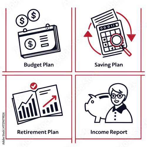 Financial planning icons budget saving retirement income report line art Icons: Budget plan, saving plan