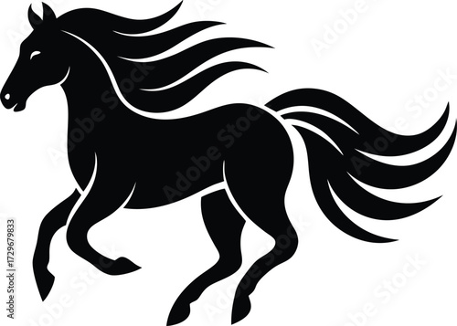 Black silhouette vector illustration of a running wild mustang horse with a flowing mane