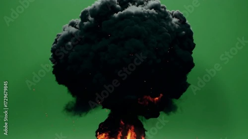 HD footage of a large fiery explosion with shockwave effect, transitioning into dense black smoke clouds, all on full green screen