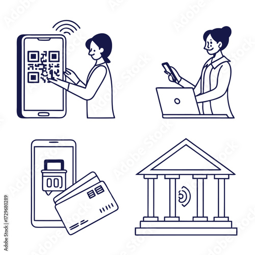 Mobile banking and financial services icons with people and bank building online banking