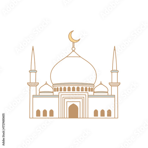 Elegant line art illustration of a traditional Islamic mosque with domes and minarets. A serene symbol of faith and spiritual architecture