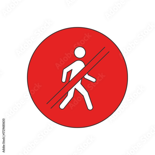 A red circular no walking sign with a white pedestrian icon. This vector illustration symbolizes a prohibited area, representing safety, warning, and traffic regulation