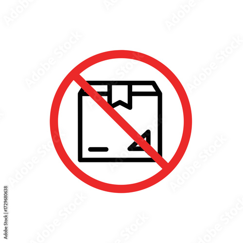 Vector icon of a 'no package' sign. A simple black line illustration of a box inside a red prohibition circle, meaning shipping and delivery are forbidden