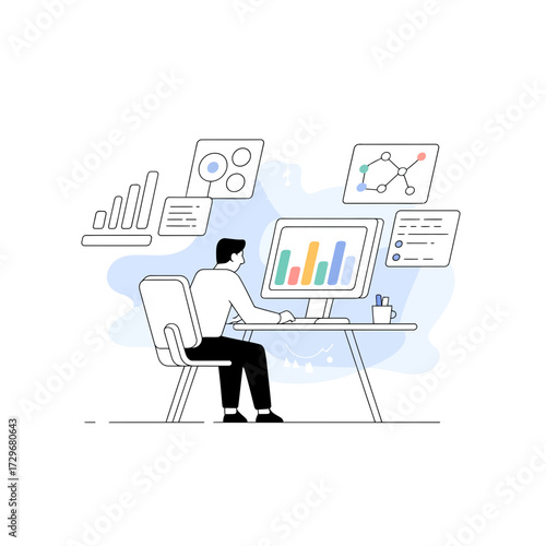 A business professional at his desk analyzing data. The screen displays charts and graphs as the employee performs analysis, working on complex data, monitoring stats