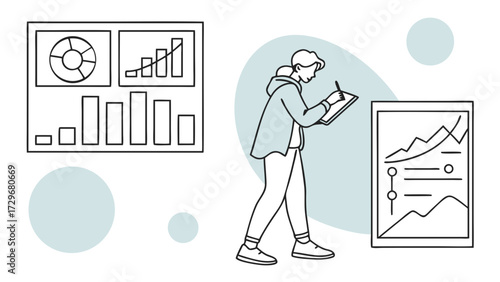 An illustration depicting a person reviewing financial data and charts, highlighting analysis and decision-making processes related to business and growth