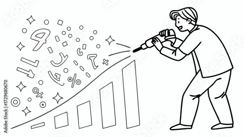 Business Growth An illustration of a man using a drill to increase the performance graph with number symbols, representing financial advancement and success