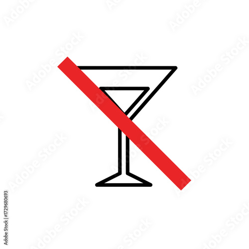 A stylized illustration of a martini glass with a red line striking through it, symbolizing prohibition or a warning against alcohol consumption, against a clean white background