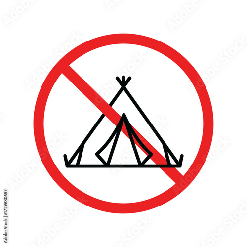 Prohibition sign against camping in a protected natural area or campsite, emphasizing the importance of respecting environmental regulations and designated camping zones
