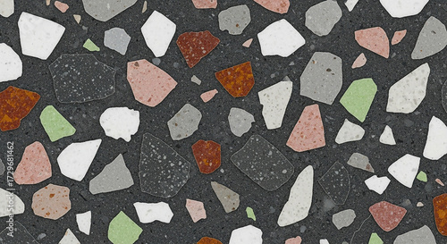 Terrazzo flooring seamless pattern with colorful rock chips on dark background texture
