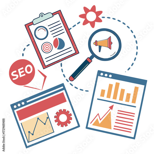 SEO and digital marketing strategy with charts and icons on white background search engine optimization
