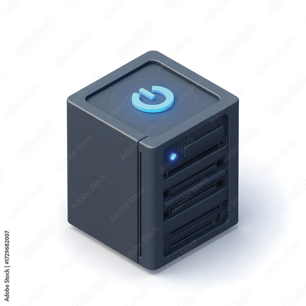 Obraz premium 3D Mini Cute Icon of a Computer CPU Tower in Dark Gray with Power Button Light on a Plain Background for Digital PC Component Design