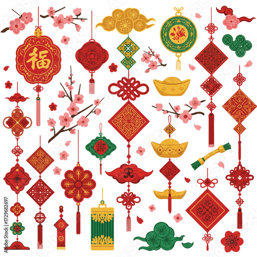 A vibrant collection of traditional Chinese New Year decorations, featuring red lanterns, intricate knots, golden ingots, and pink cherry blossoms.