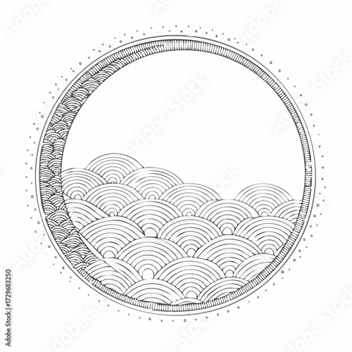 円形フレームと青海波文様の墨絵風白黒ベクター素材