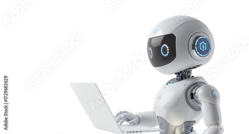 A futuristic robot using a laptop, AI, and technology concept