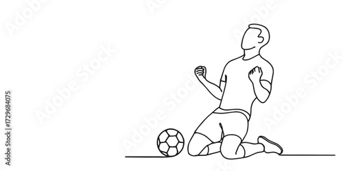 Line art illustration of a soccer player celebrating a goal on his knees with clenched fists, symbolizing victory, success, passion, and achievement in sports competition.