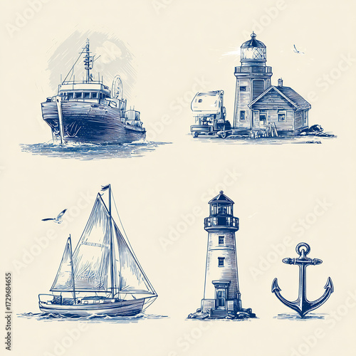 Vintage Hand Drawn Nautical Elements: Fishing Boat, Sailboat, Lighthouses, and Anchor Set in Sketch Style