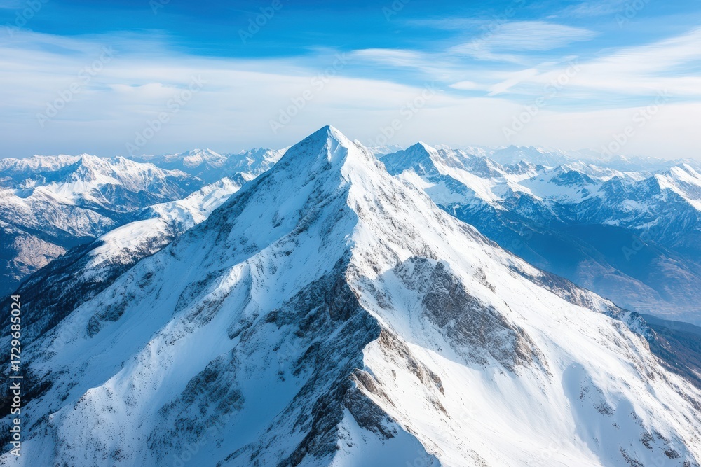 Obraz premium Snow capped mountain peaks creating a dramatic winter landscape under a clear blue sky, showing vastness and cold