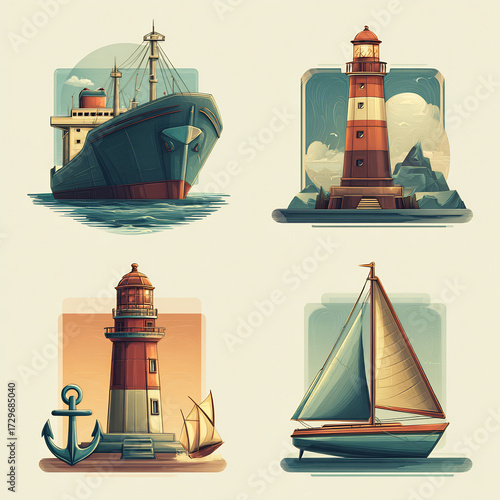 Maritime and Nautical Icons Set: Illustrated Cargo Ship, Lighthouses, and Sailboat for Sea Travel and Ocean Transportation