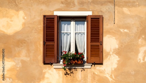 Beige stucco wall with window and flowers