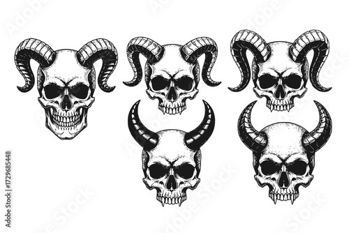 set of Devil Skull: Vector Engraving Illustration, Human Skull with Twisted Horns, Gothic, Demonic, Occult, Evil, Macabre, Halloween.
