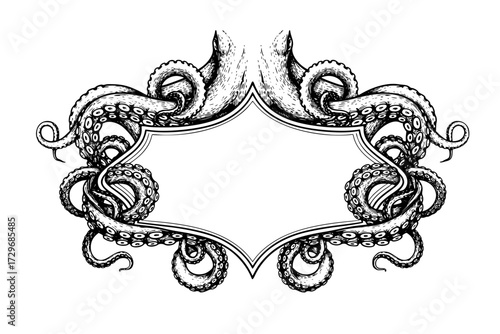 Octopus Tentacles Label Frame Design: Hand-Drawn Vector Engraving Illustration, Isolated on White, Sea, Ocean, Marine Life.