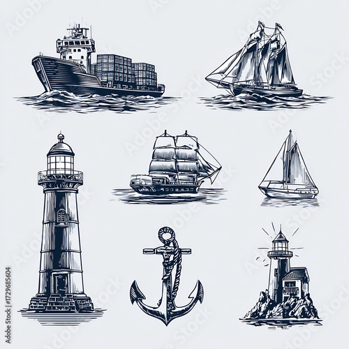 Nautical and Maritime Engraving Vector Set with Ships, Lighthouses, and Anchor Illustrations Collection