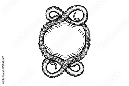 Octopus Tentacles Label Frame Design: Hand-Drawn Vector Engraving Illustration, Isolated on White, Sea, Ocean, Marine Life.