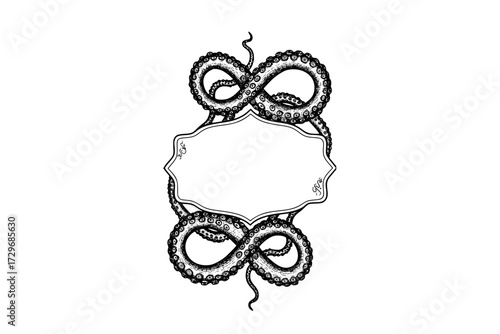 Octopus Tentacles Label Frame Design: Hand-Drawn Vector Engraving Illustration, Isolated on White, Sea, Ocean, Marine Life.