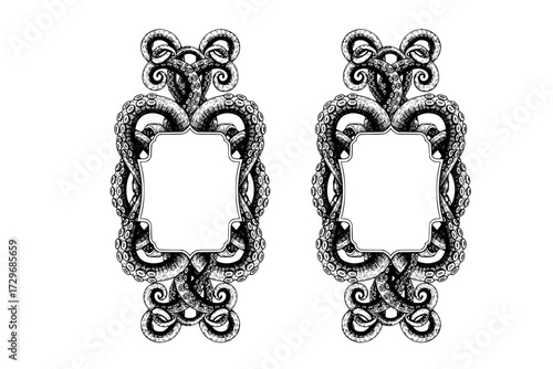 Octopus Tentacles Label Frame Design: Hand-Drawn Vector Engraving Illustration, Isolated on White, Sea, Ocean, Marine Life.