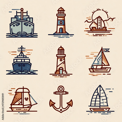 Flat design nautical icons set with ships, lighthouses, boats, and an anchor