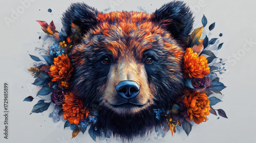Bear portrait with floral arrangement