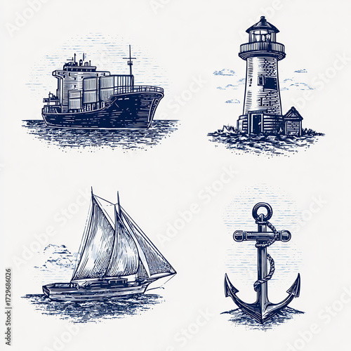 Set of Vintage Nautical Engravings: Cargo Ship, Lighthouse, Sailboat, and Anchor