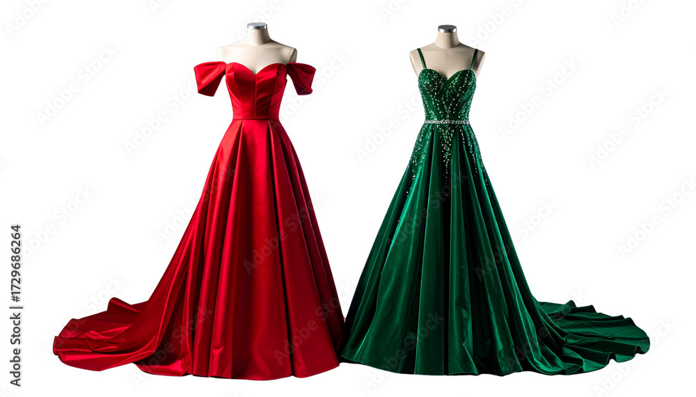 Obraz premium Evening Gown Duo – Two Luxury Dress Variations Isolated on Transparent Background