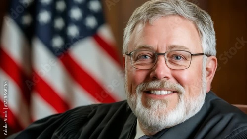 Smiling judge in courtroom with American flag backdrop during proceedings