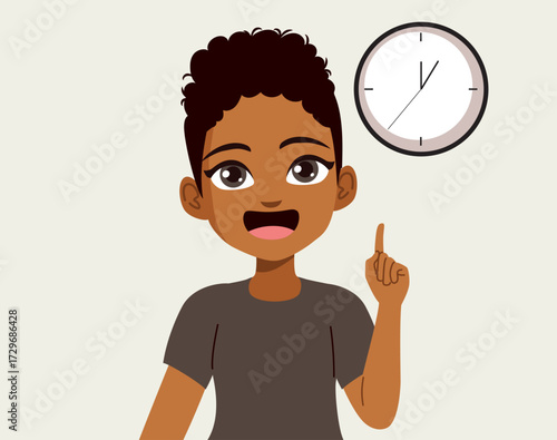 Vector cartoon illustration of a woman pointing at a wall clock, symbolizing stress, deadlines, and running out of time. Clip art for business, corporate, productivity and time management concepts